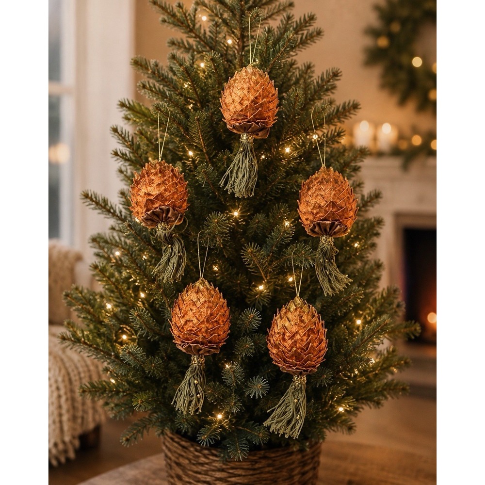 Set of 5 VTG Pinecone Christmas Ornaments Copper Gold Tassel Holiday Tree